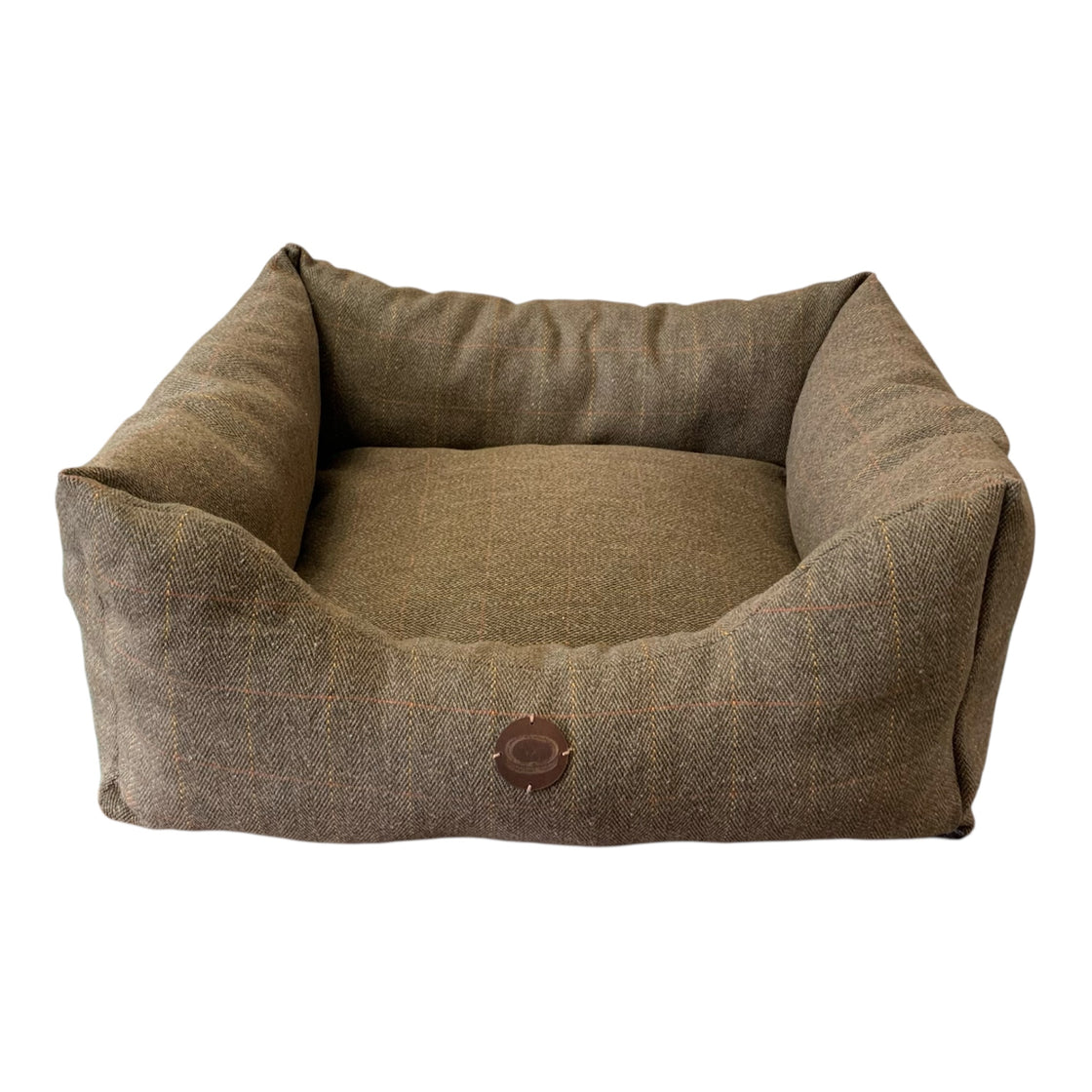 Brown tweed wool filled pet bed with a button on a white background